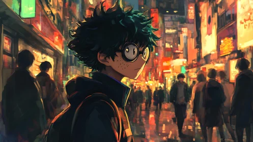 Anime boy walks through neon city street at night