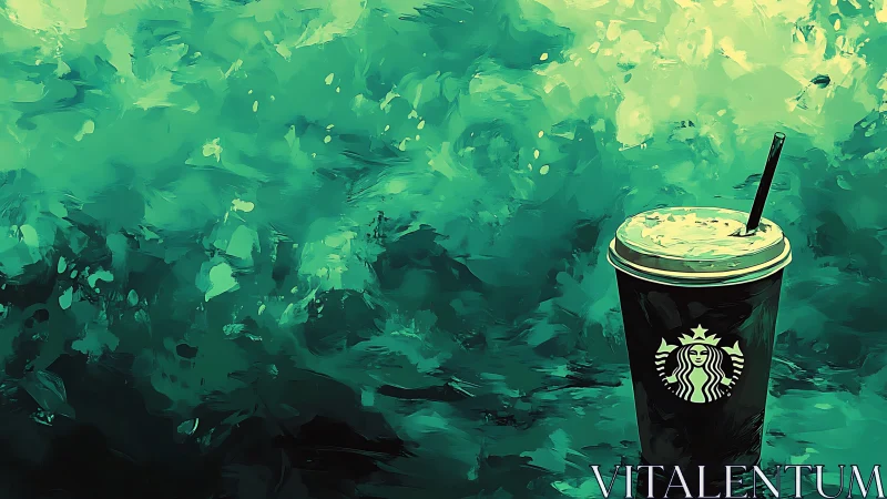 Iced coffee daydream in swirling emerald brushstrokes.