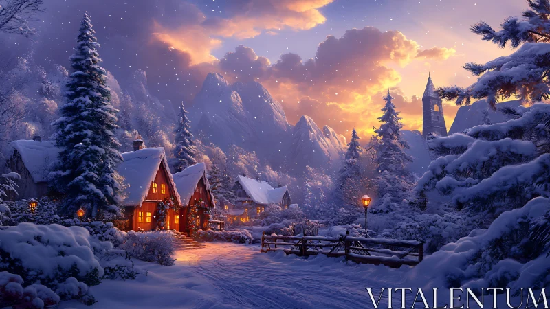 Illuminated alpine village under sunset-lit winter snowfall.