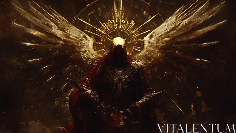 Warlike seraph broods beneath a shattered golden halo