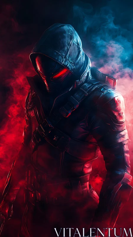 Hooded armored figure in red and blue smoky lighting.