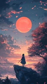 Crimson moonrise over a quiet cliffside dreamscape.