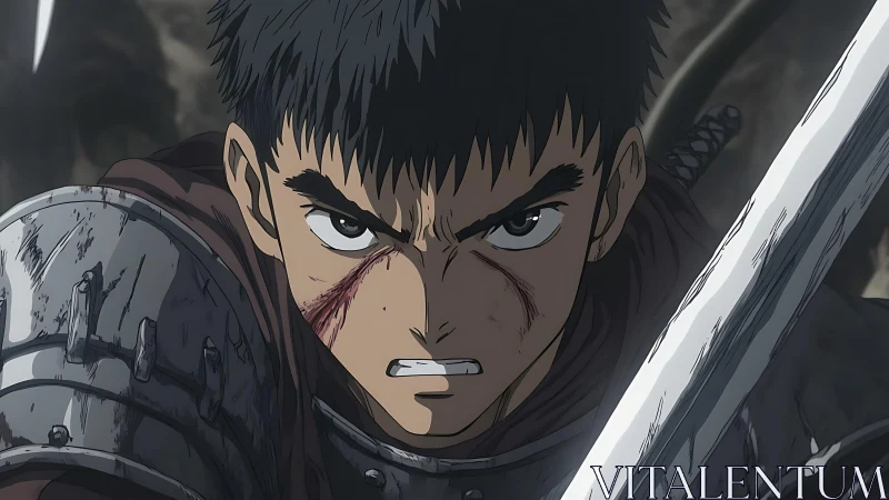 Armored swordsman charges forward with intense focused glare