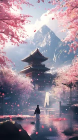 Vertical temple vista under sakura bloom and alpine haze.