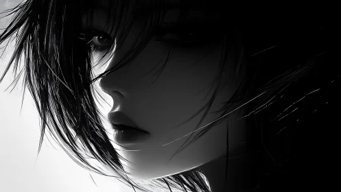 Monochrome anime portrait captures pensive side profile