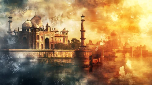 Dreamy riverside palaces glowing in mist and golden light.