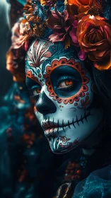 Woman in vivid sugar skull makeup with floral headpiece.
