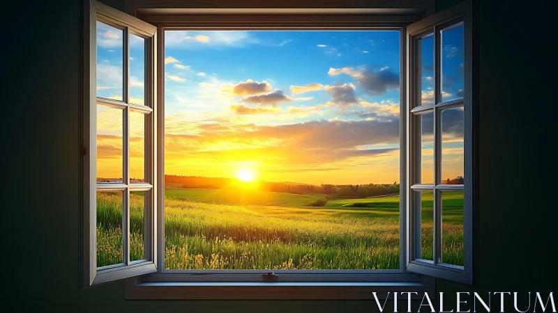 Sunlit countryside panorama framed by open window scene.