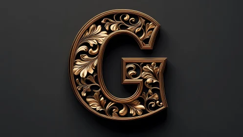 Ornate Golden Letter G with Baroque Floral Design on Black Background.