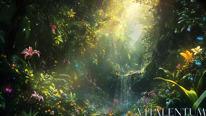 Sunlit hidden forest glade sparkles with magic and wild color