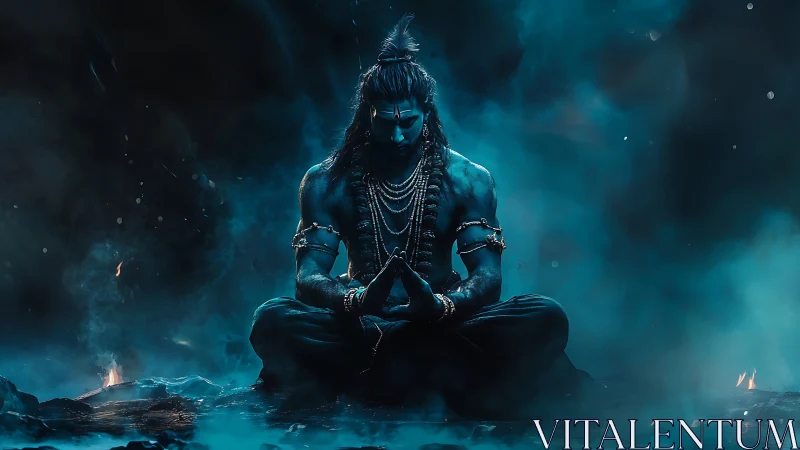 Blue-lit warrior figure sits meditating in dense atmospheric fog