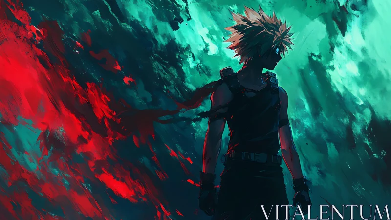 Silhouetted anime warrior amid red teal storm energy.