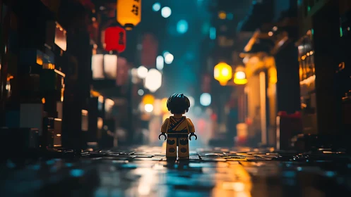 Midnight plastic ronin wanders through neon rain-slick alleys