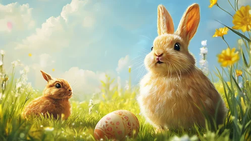 Easter meadow rabbits bask under warm spring sunlight.