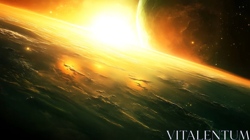 Solar tide over emerald world at the brink of awakening.