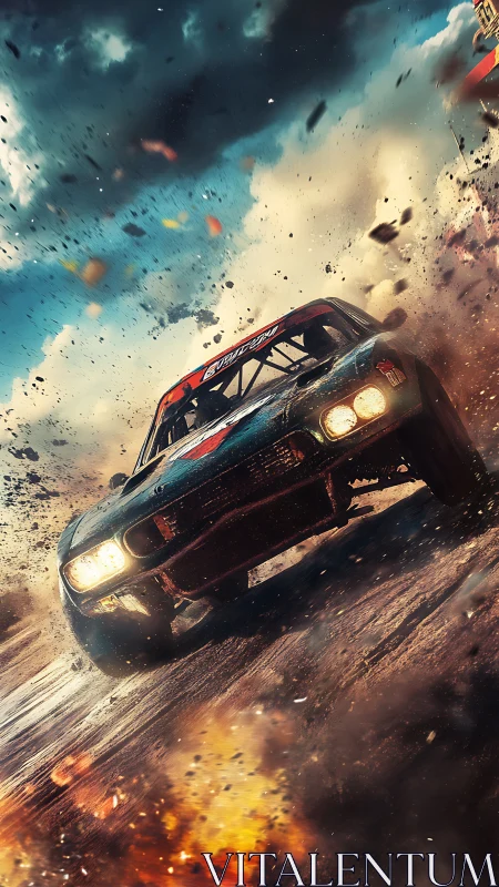 Rally car drifts through debris field with dynamic motion blur and sparks