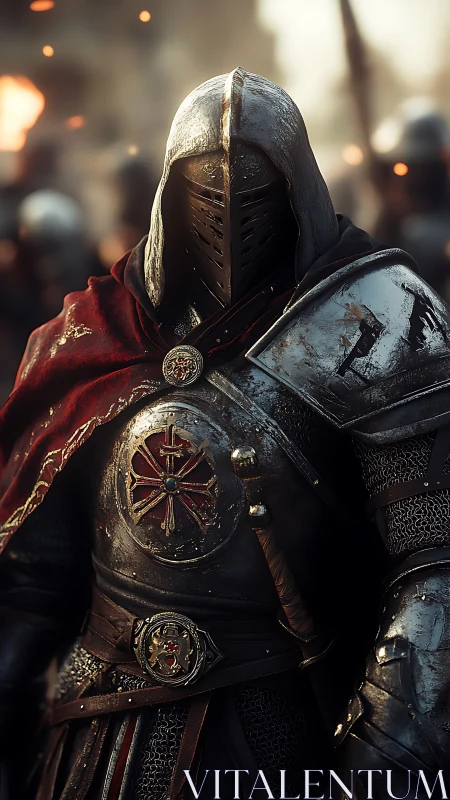 Hooded crimson paladin stands amid embers and iron ranks.