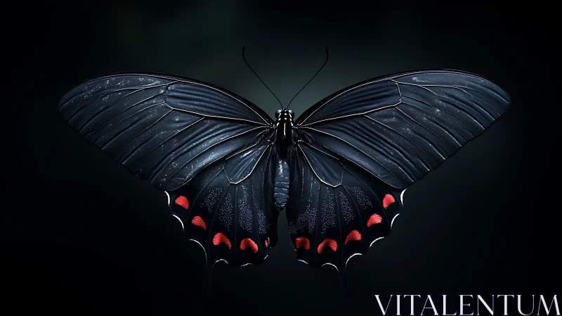 Midnight swallowtail spreads luminous wings of quiet fire.