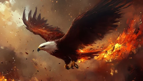 Majestic Bald Eagle in Flight with Fiery Wings, Digital Art.