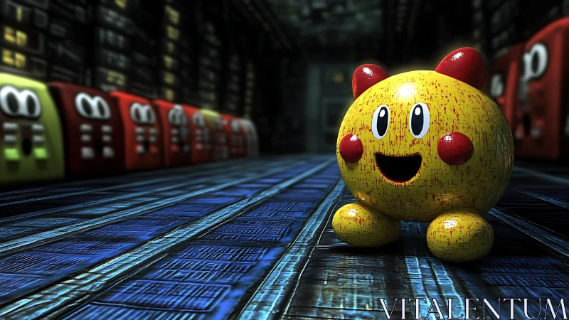 Cheerful yellow robot toy exploring a neon sci-fi hallway.