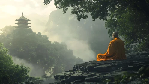 Monk in saffron stillness overlooking mist-veiled mountain temple.