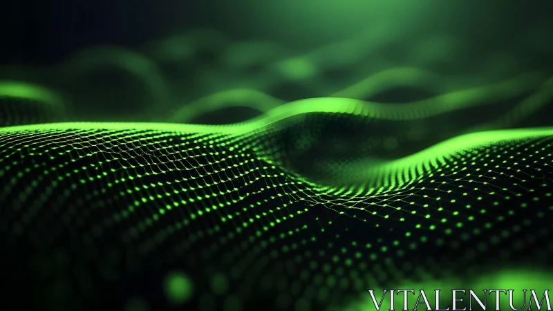 Futuristic green digital landscape with glowing network mesh pattern.