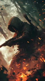 Hooded archer moves through burning forest in embers glow.