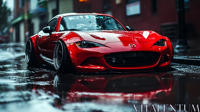 Stanced red Mazda MX-5 in rainy urban street reflection