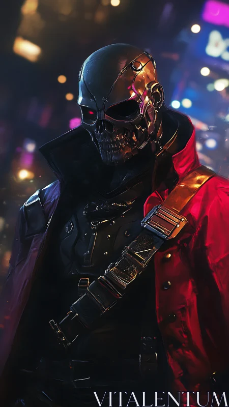 Cybernetic skull mercenary in neon-lit urban nightscape portrait