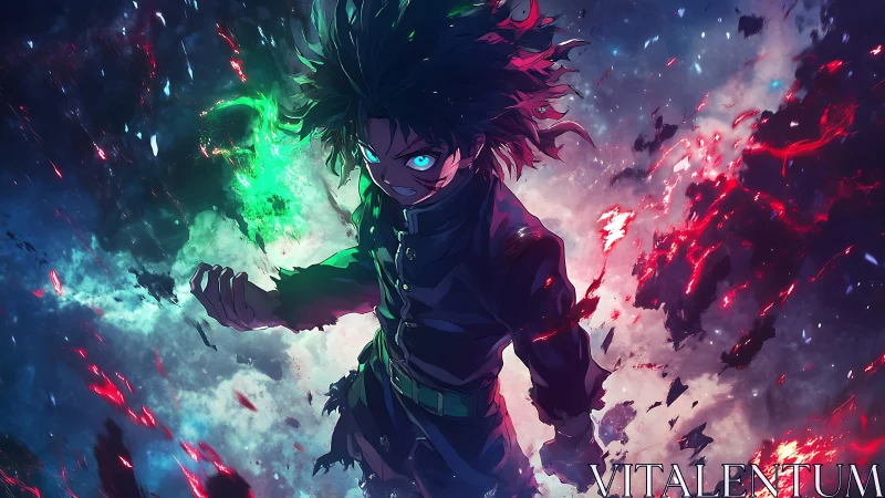 Stormlit anime warrior ignites neon power in cosmic ruin.