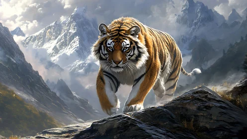 Majestic tiger stalks rocky ridge beneath snowbound peaks