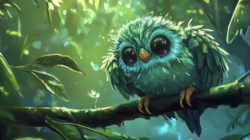Adorable fluffy owl with big eyes, digital fantasy forest art.