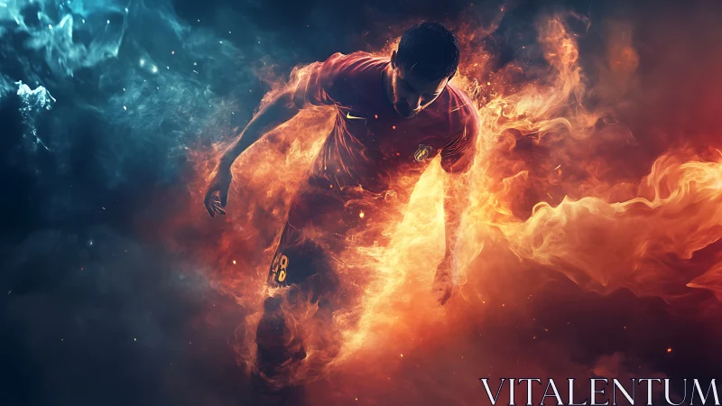 Fiery digital soccer player charging through swirling flames.