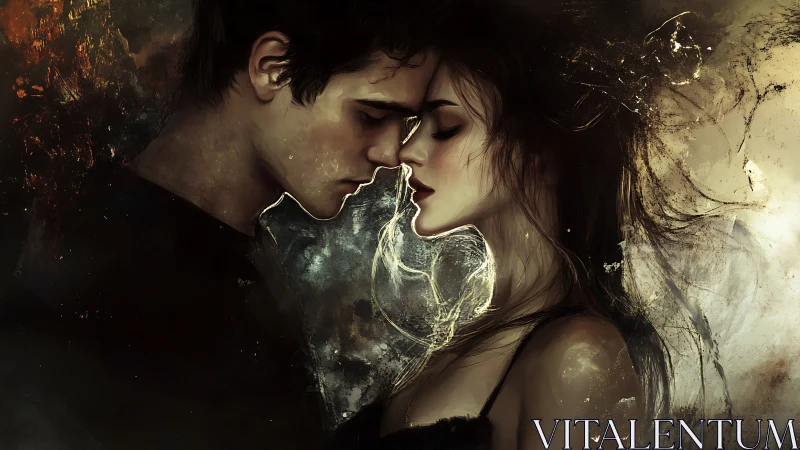 Two figures in close proximity with luminescent heart form between them.