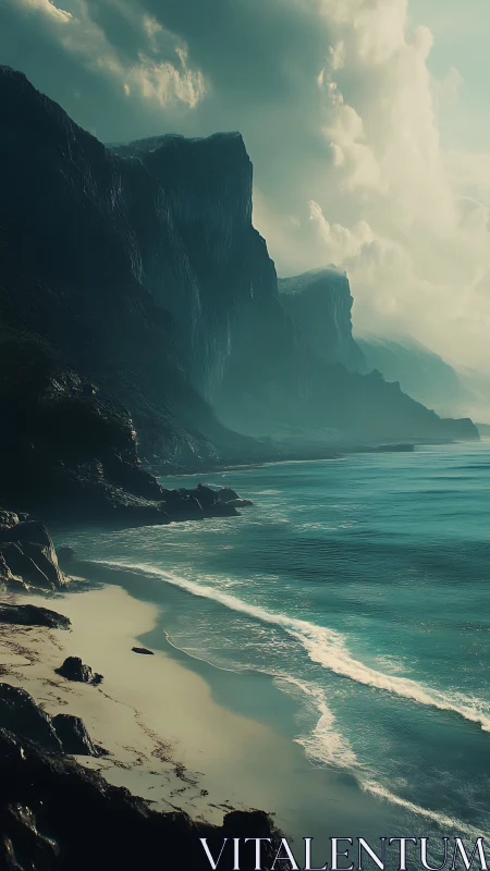Stormlit cliffs over turquoise misted ocean shore.