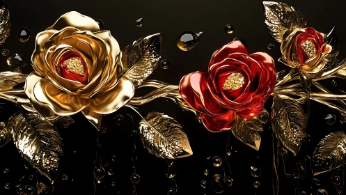 Metallic roses with gold leaves on black background display