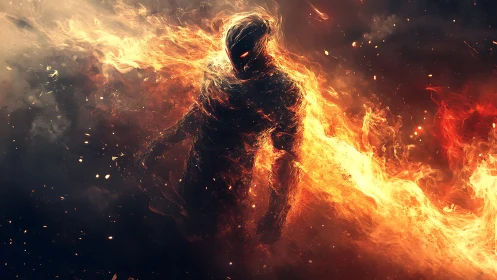 Fiery spirit walking through a storm of swirling embers.
