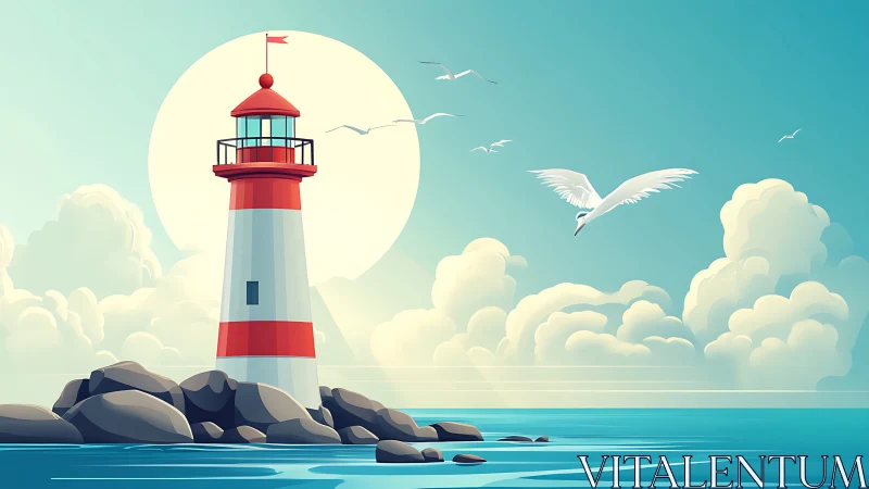 Coastal lighthouse illustration with stylized seascape lighting.
