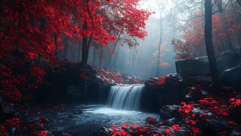 Autumn Woodland Cascade: Vivid Red Foliage with Flowing Waterfall.