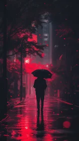 Solitary figure under umbrella crosses neon drenched city alley