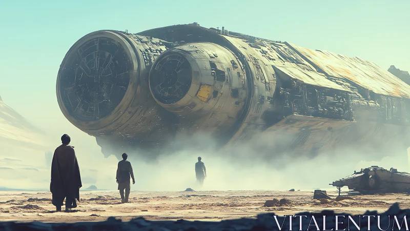 Colossal starship rests on desert plain under hazy sun.