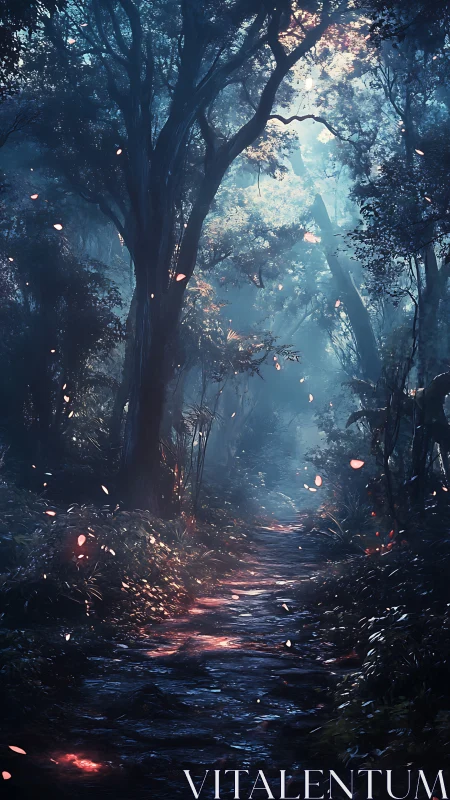 Forest pathway with luminescent particles and branching canopy