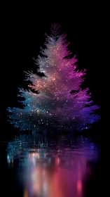 Iridescent neon tree rendered with reflective water base.