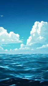 Endless teal horizon under towering cotton-sail clouds.