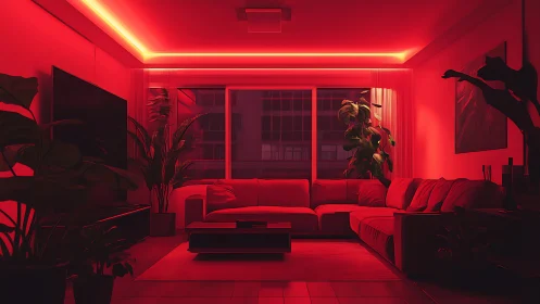 Modern living room glows under immersive red LED lighting