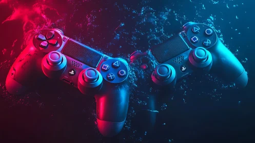 Dual game controllers glow in red blue neon water clash