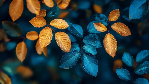 Orange and blue leaves with surface water droplets at close range.