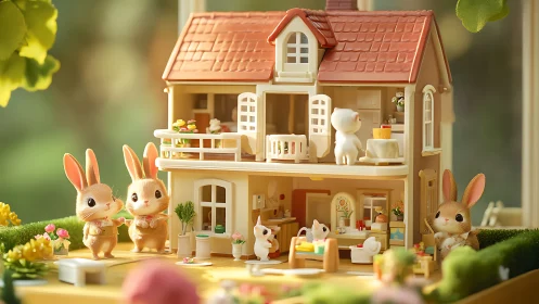 Miniature bunny dollhouse under warm, storybook daylight.