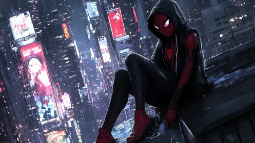 Hooded superhero crouches on rooftop above rainy cityscape