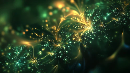 Glowing forest blooms of light in a dreamy emerald night.